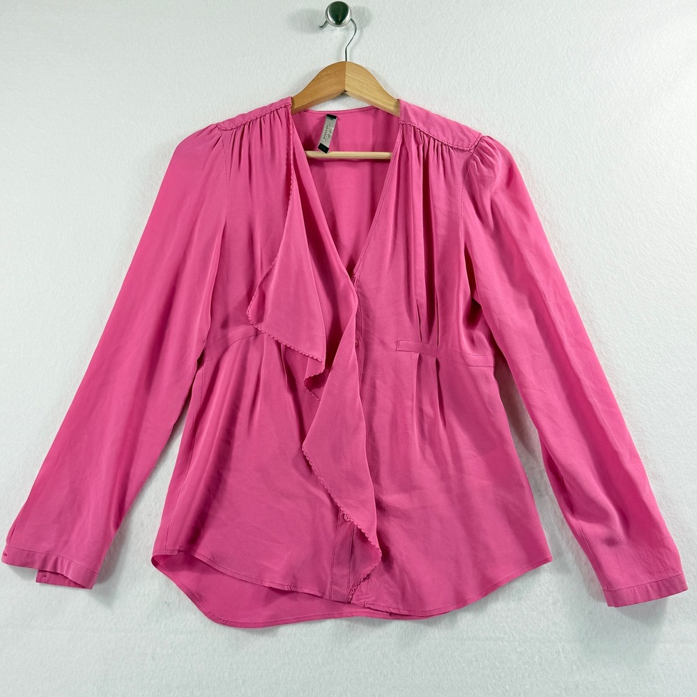 Weekend Max Mara Blouse Womens 2 Pink Silk Ruffle Front Romantic Chic Barbiecore
